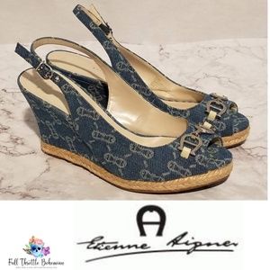 Etienne Aigner Blue Denim Olexa Wedges 7.5M NEW